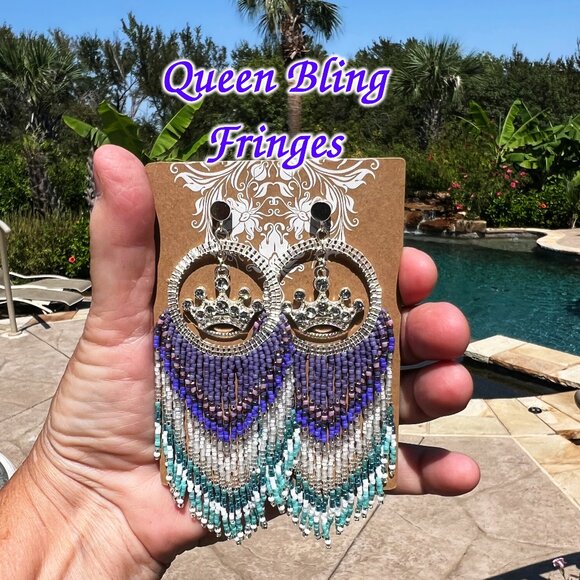 Handmade Beaded Queen Long Fringe Dangle Drop Lightweight Post Hoop Earrings - Picture 6 of 6